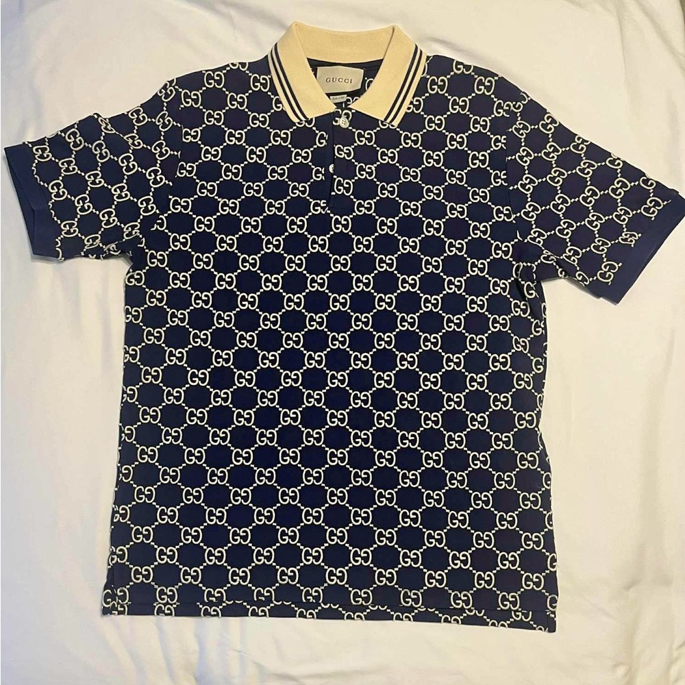 Gucci Blue and Cream Patterned Polo